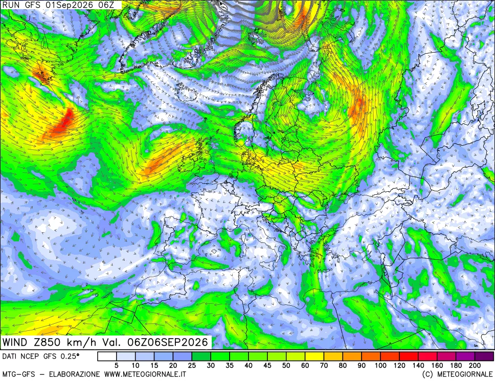 mappa 850 hPa Vento forza e direzione