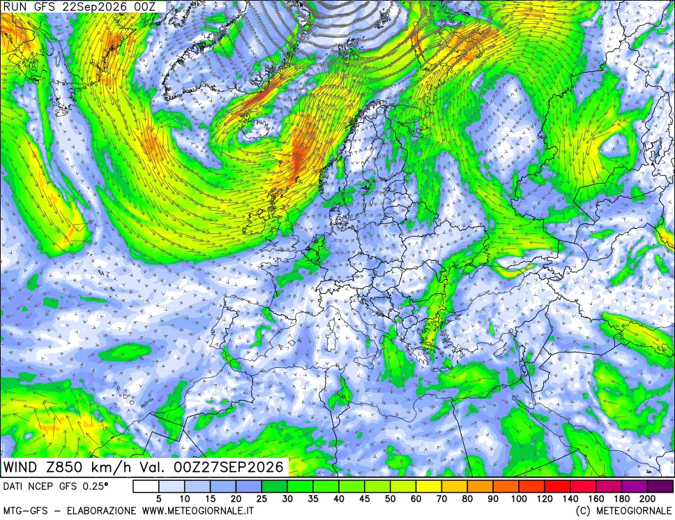mappa 850 hPa Vento forza e direzione