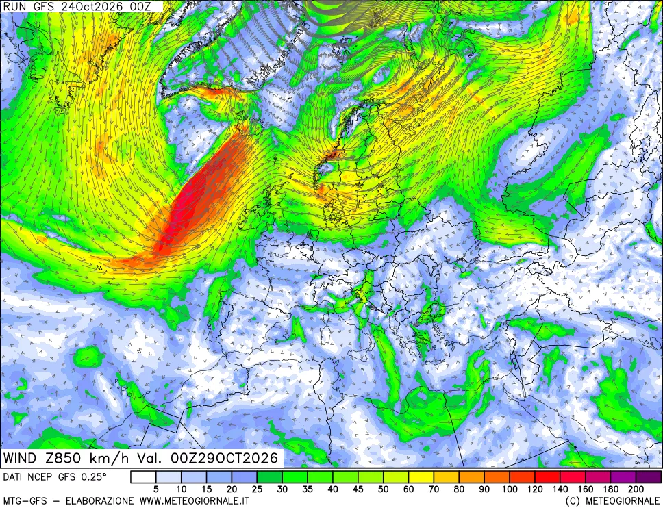 mappa 850 hPa Vento forza e direzione