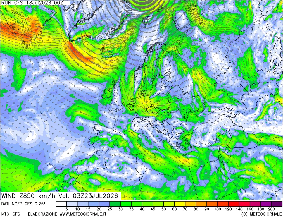 mappa 850 hPa Vento forza e direzione