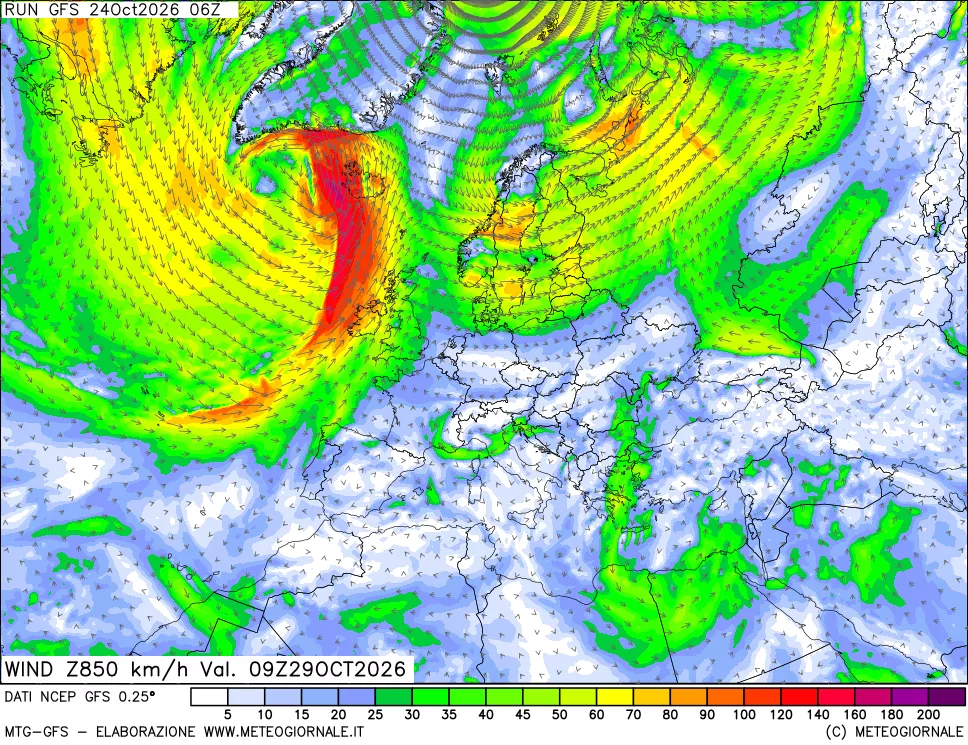 mappa 850 hPa Vento forza e direzione