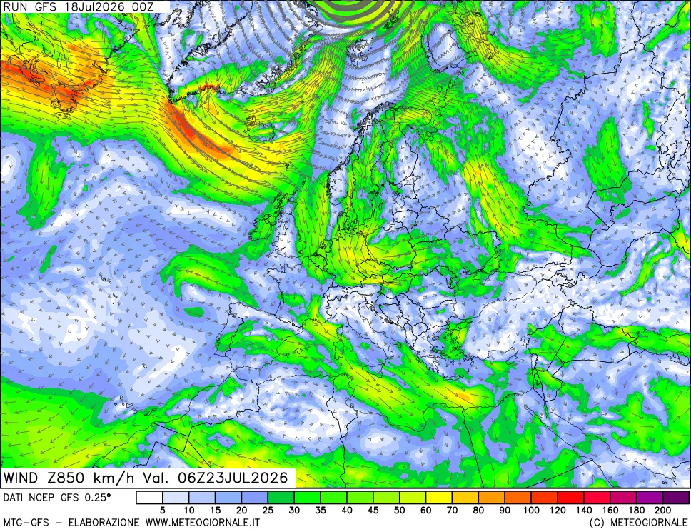 mappa 850 hPa Vento forza e direzione