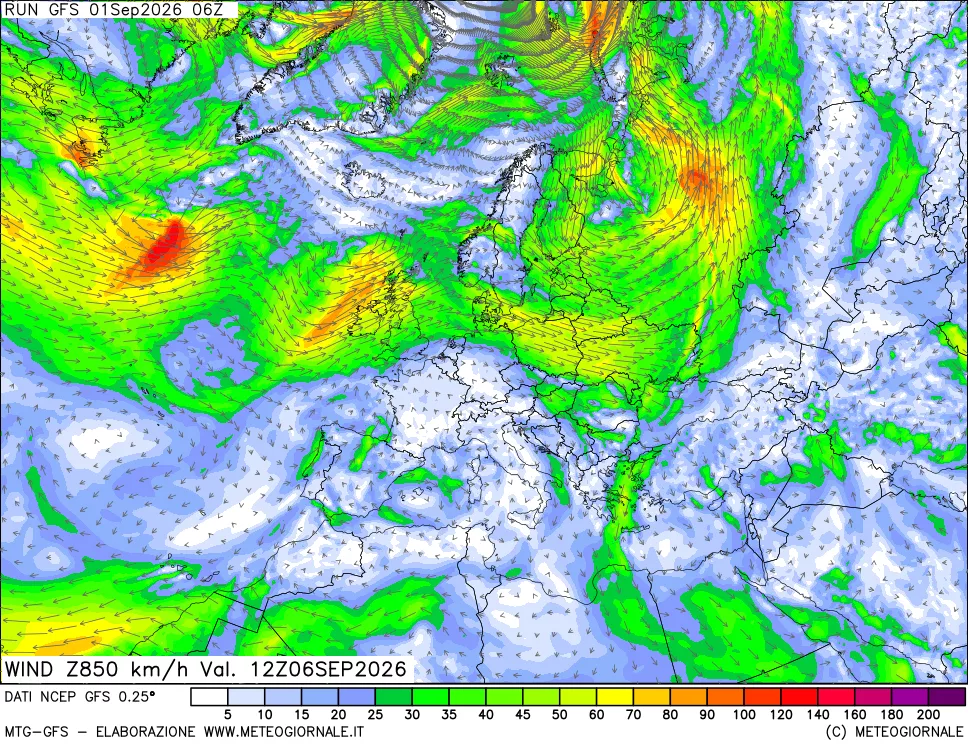 mappa 850 hPa Vento forza e direzione