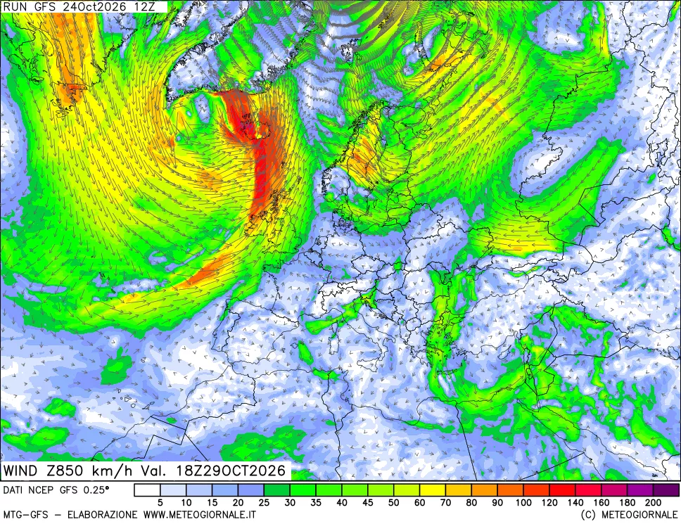 mappa 850 hPa Vento forza e direzione