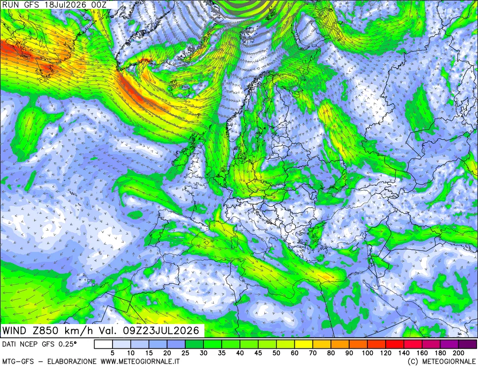 mappa 850 hPa Vento forza e direzione