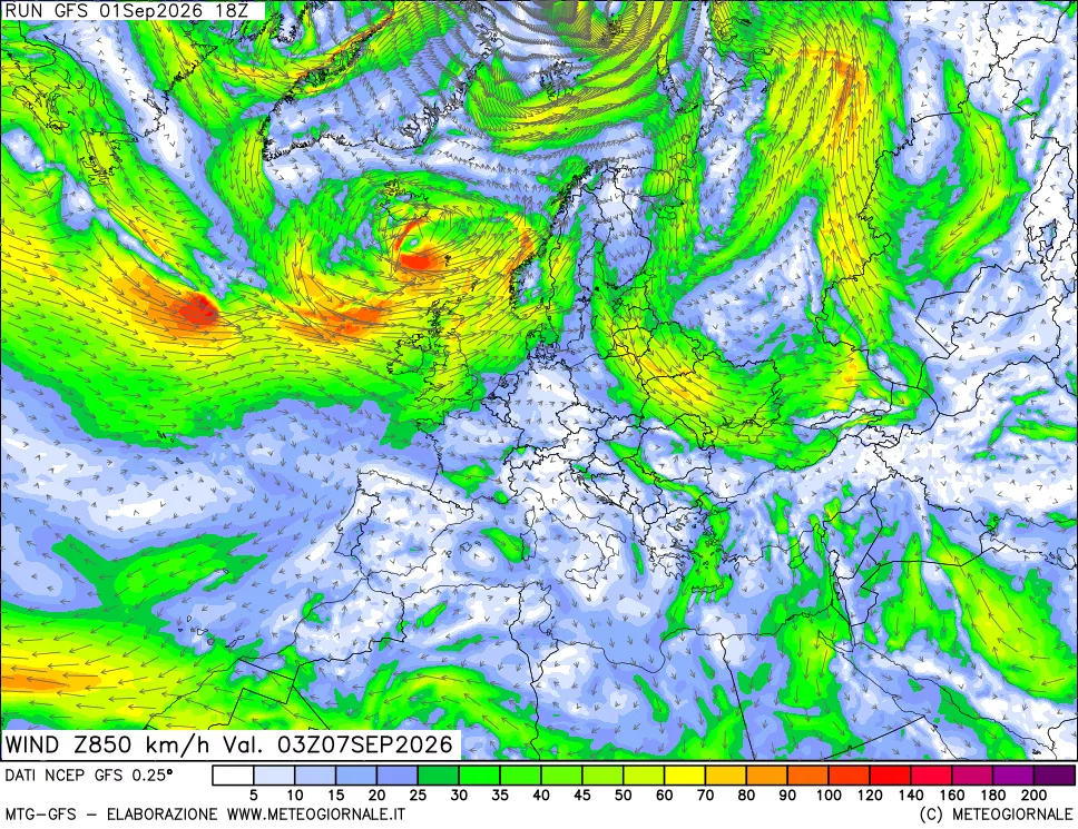 mappa 850 hPa Vento forza e direzione