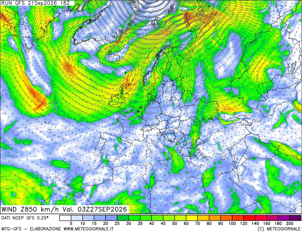 mappa 850 hPa Vento forza e direzione