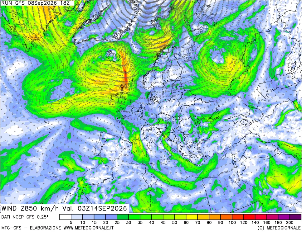 mappa 850 hPa Vento forza e direzione