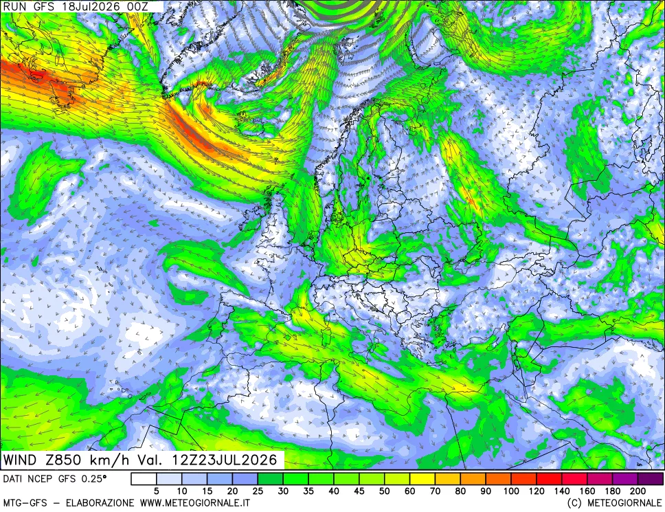 mappa 850 hPa Vento forza e direzione