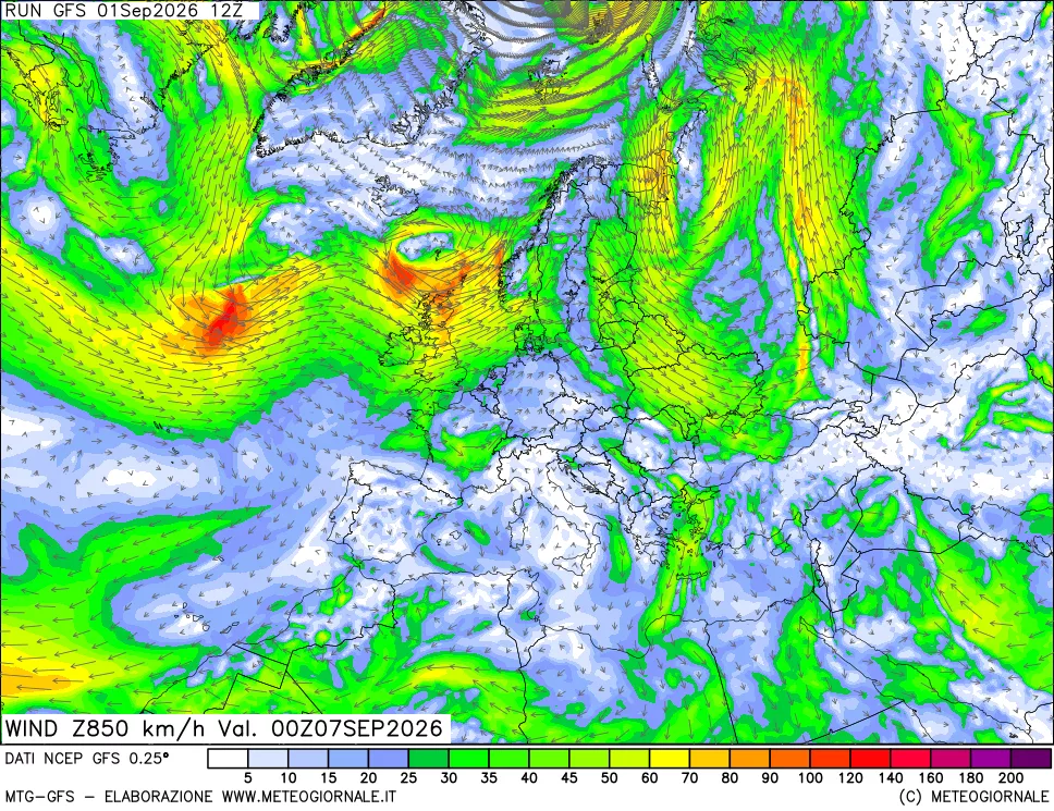 mappa 850 hPa Vento forza e direzione
