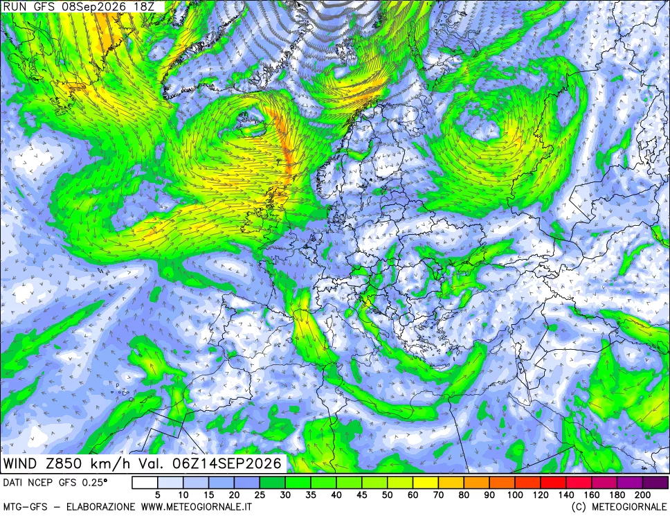 mappa 850 hPa Vento forza e direzione