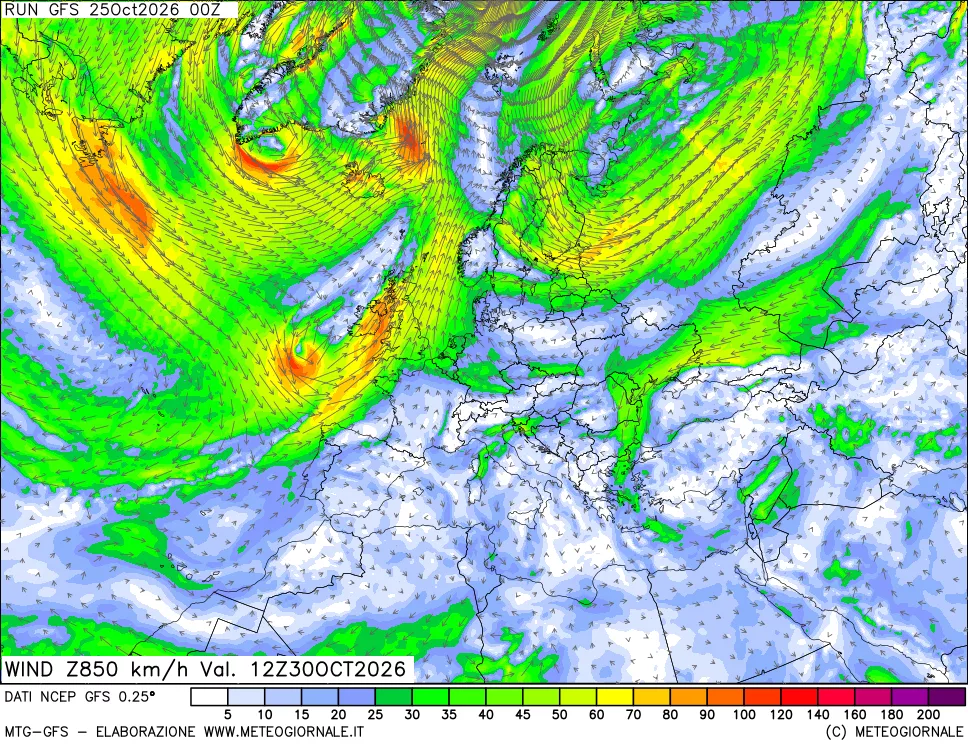 mappa 850 hPa Vento forza e direzione