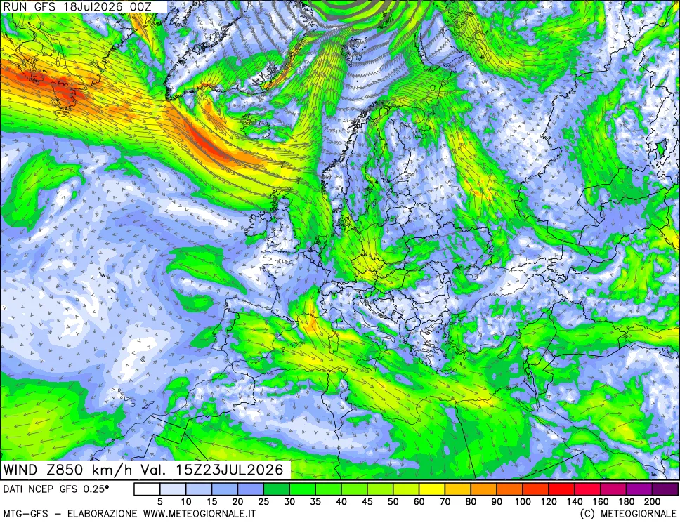 mappa 850 hPa Vento forza e direzione