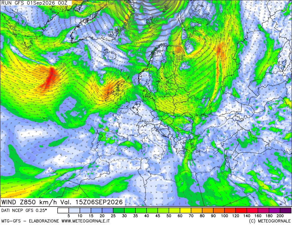 mappa 850 hPa Vento forza e direzione