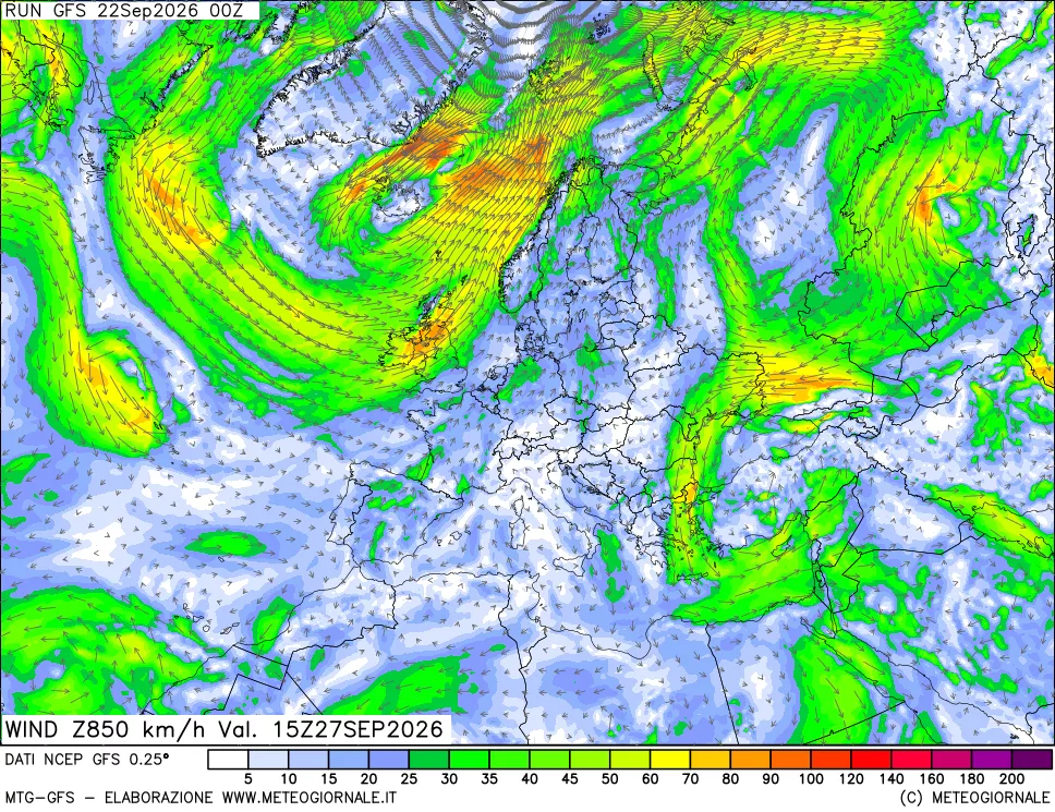 mappa 850 hPa Vento forza e direzione