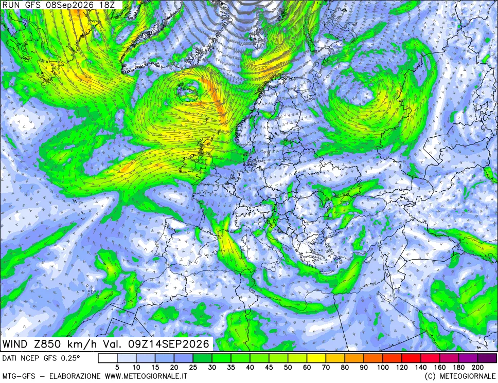mappa 850 hPa Vento forza e direzione