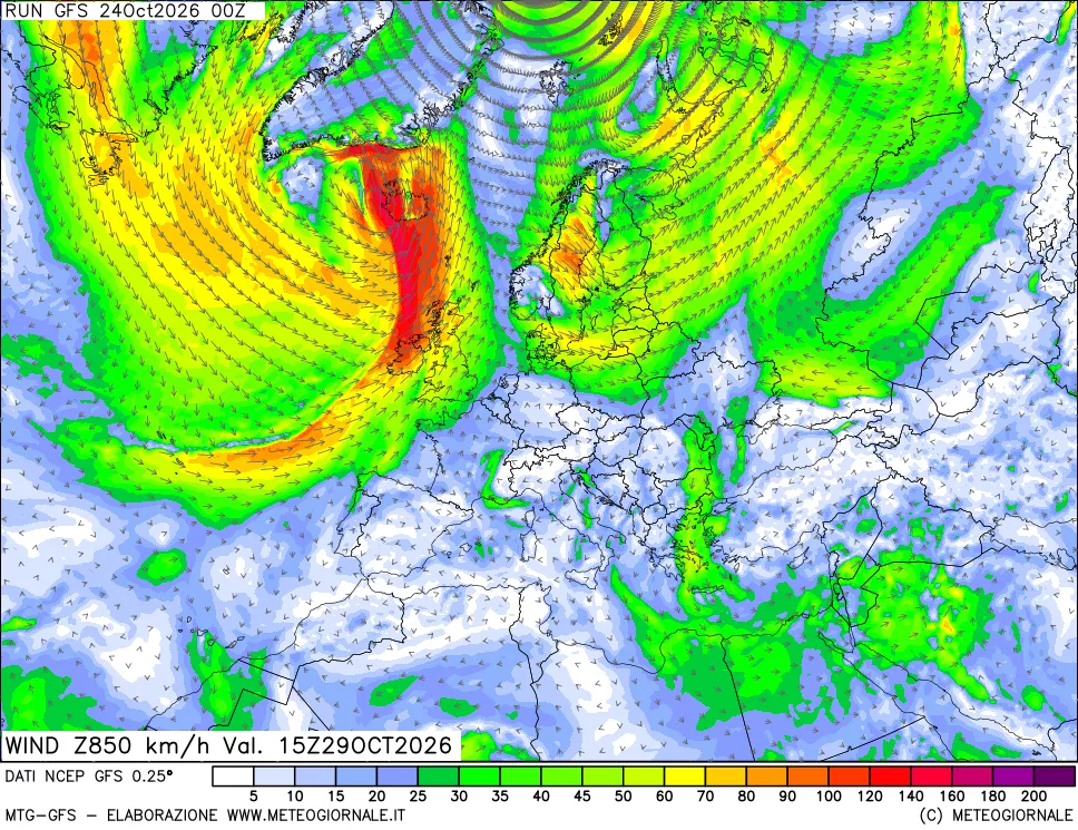 mappa 850 hPa Vento forza e direzione