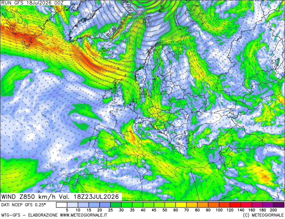 mappa 850 hPa Vento forza e direzione