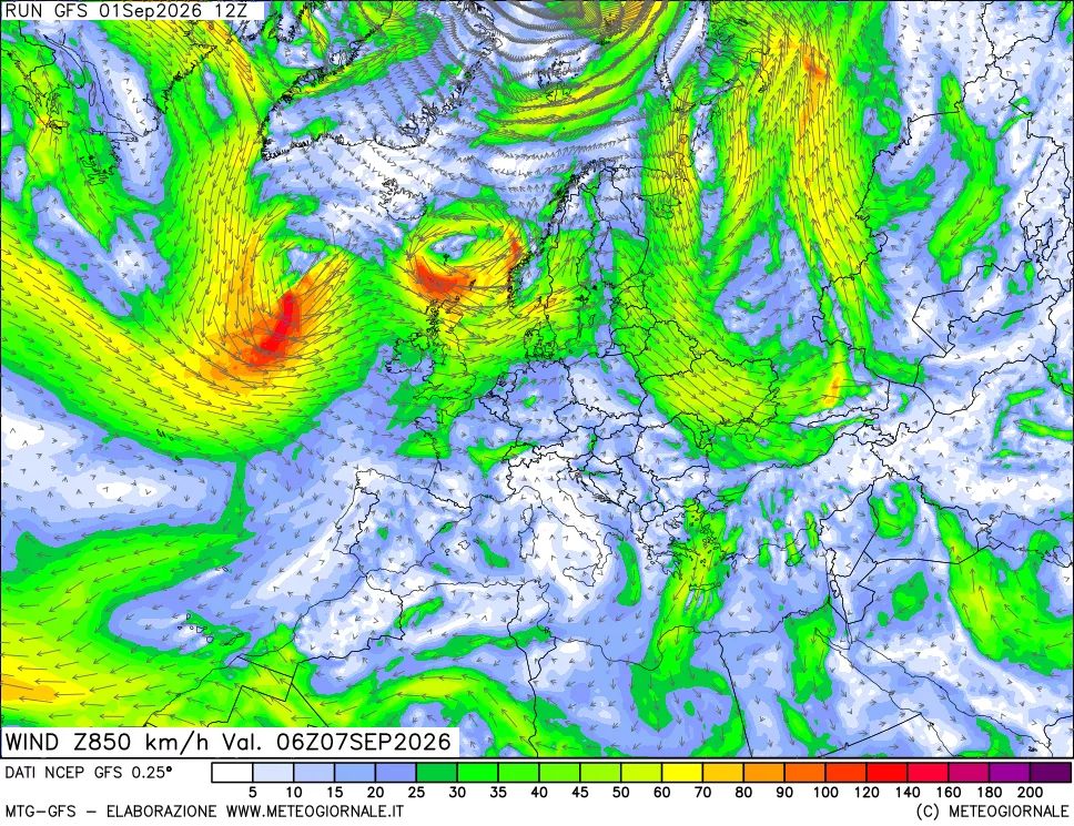 mappa 850 hPa Vento forza e direzione