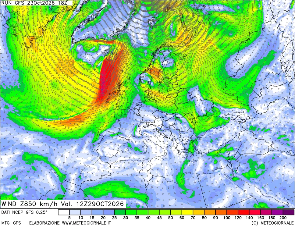 mappa 850 hPa Vento forza e direzione