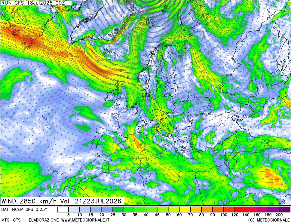 mappa 850 hPa Vento forza e direzione