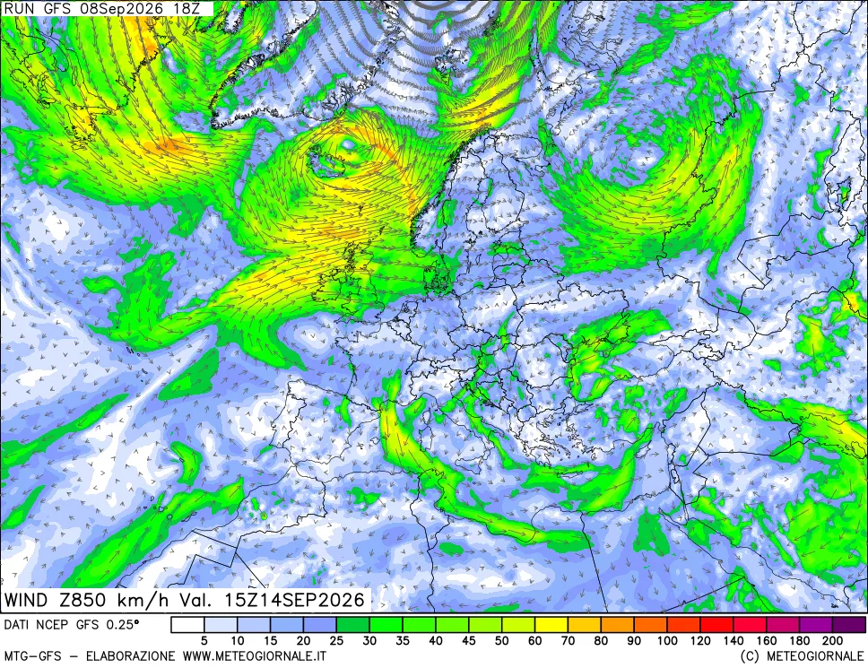 mappa 850 hPa Vento forza e direzione