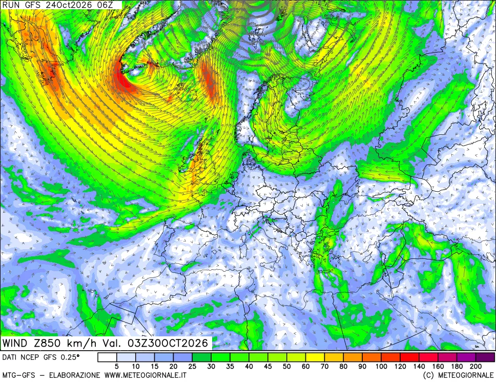 mappa 850 hPa Vento forza e direzione