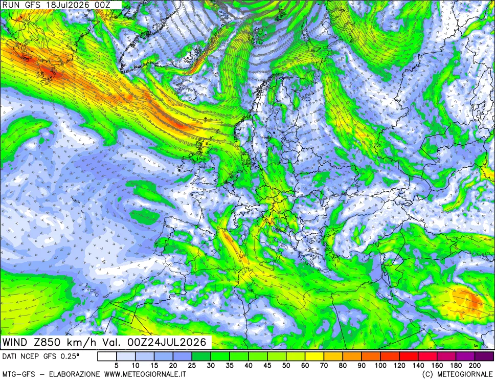mappa 850 hPa Vento forza e direzione