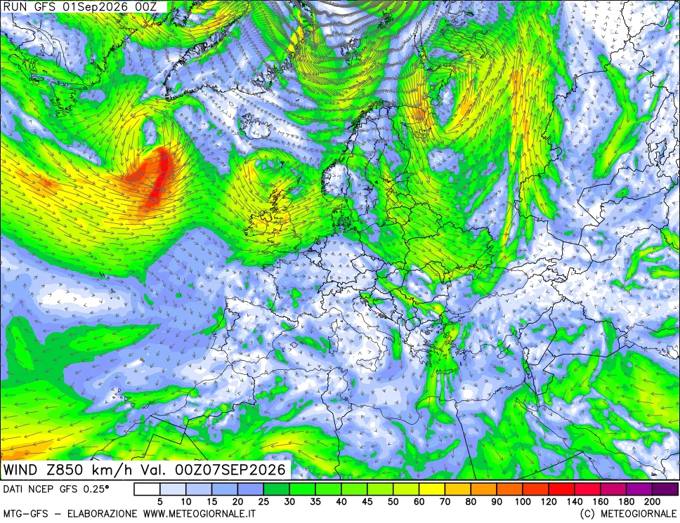 mappa 850 hPa Vento forza e direzione
