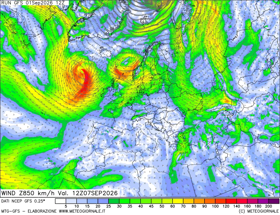 mappa 850 hPa Vento forza e direzione