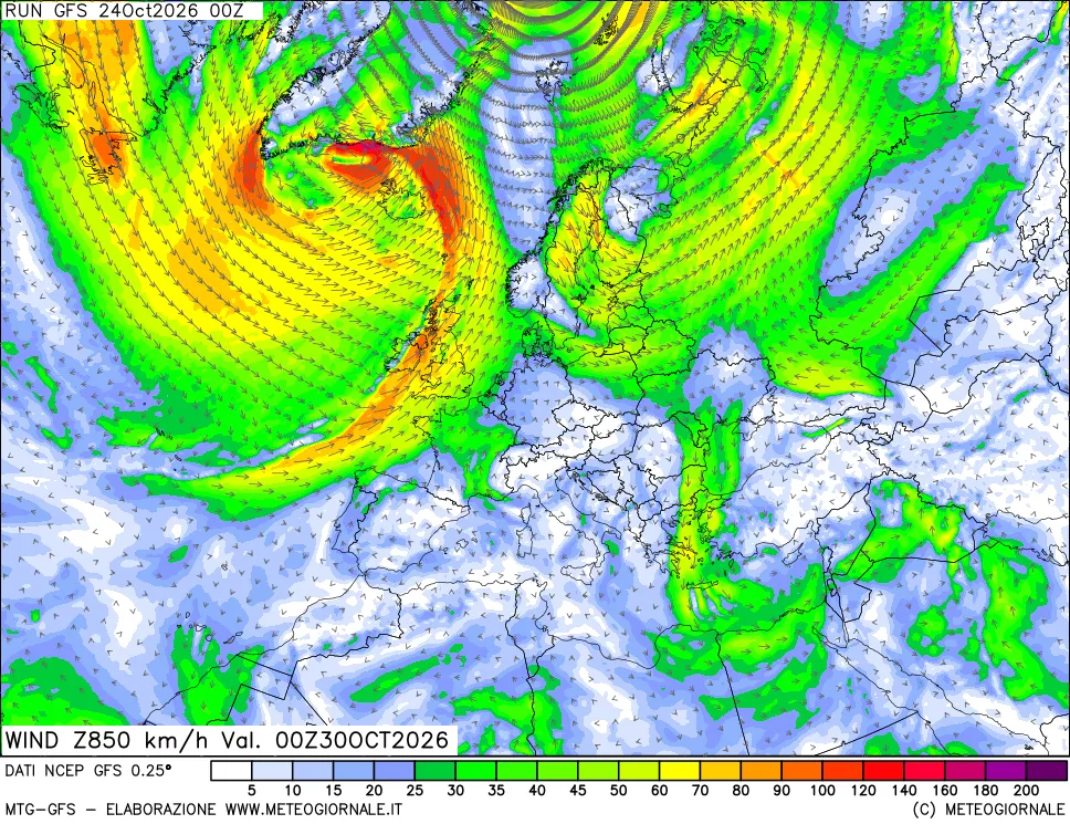 mappa 850 hPa Vento forza e direzione