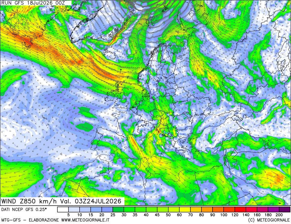 mappa 850 hPa Vento forza e direzione