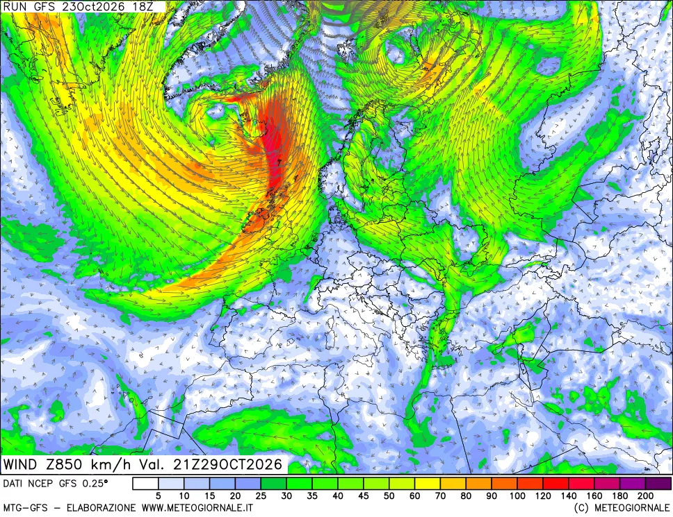 mappa 850 hPa Vento forza e direzione