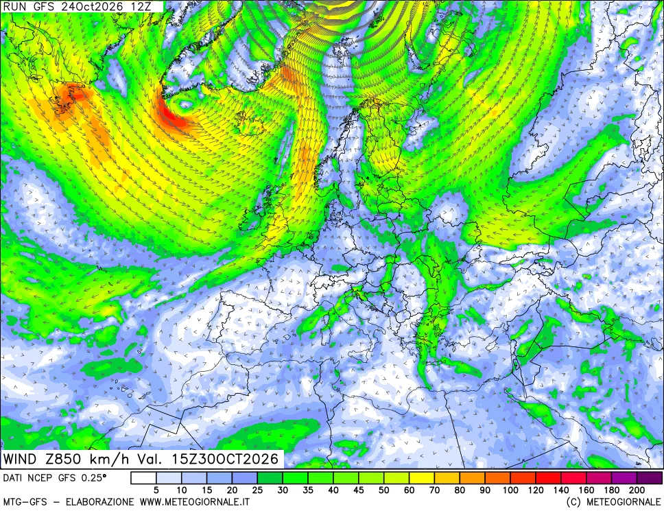 mappa 850 hPa Vento forza e direzione