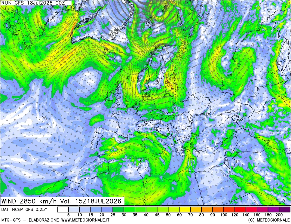 mappa 850 hPa Vento forza e direzione