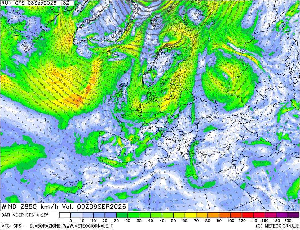 mappa 850 hPa Vento forza e direzione