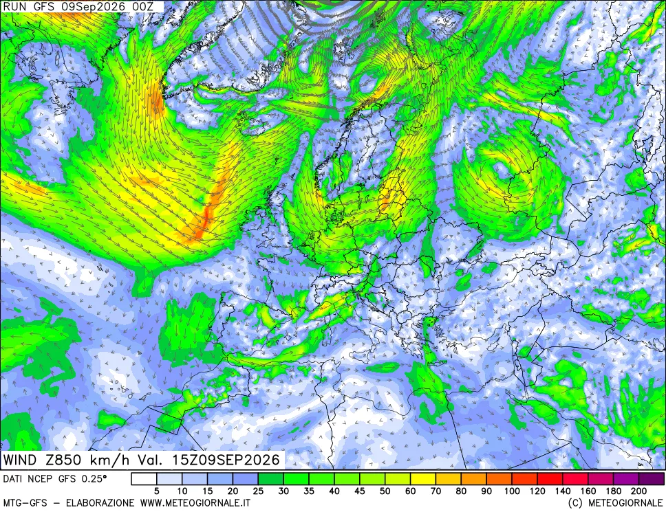 mappa 850 hPa Vento forza e direzione