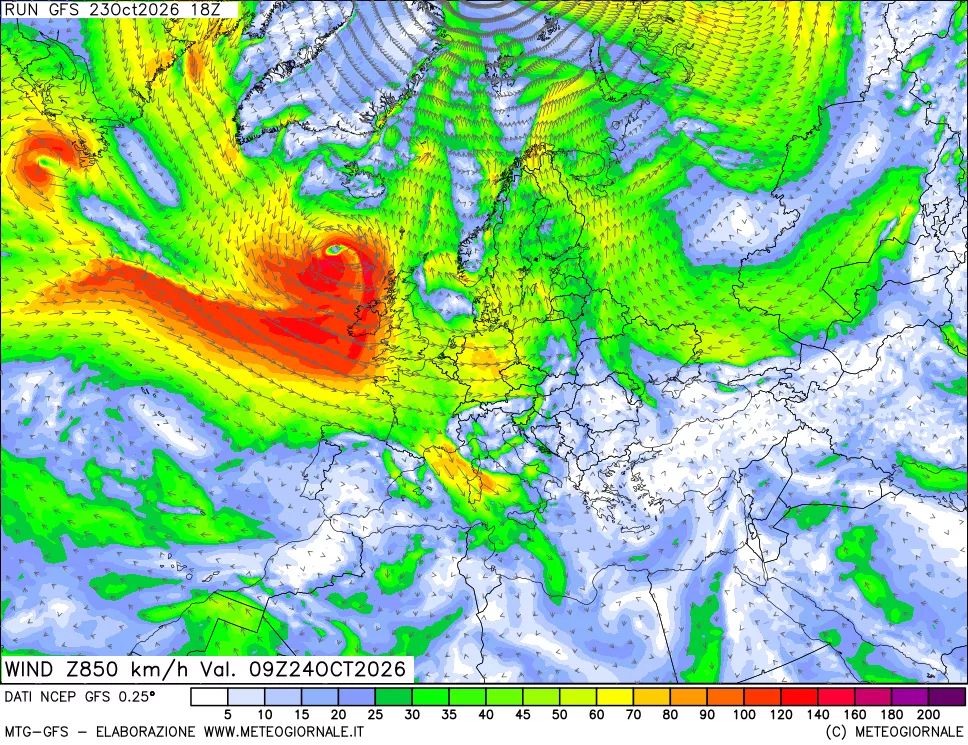 mappa 850 hPa Vento forza e direzione