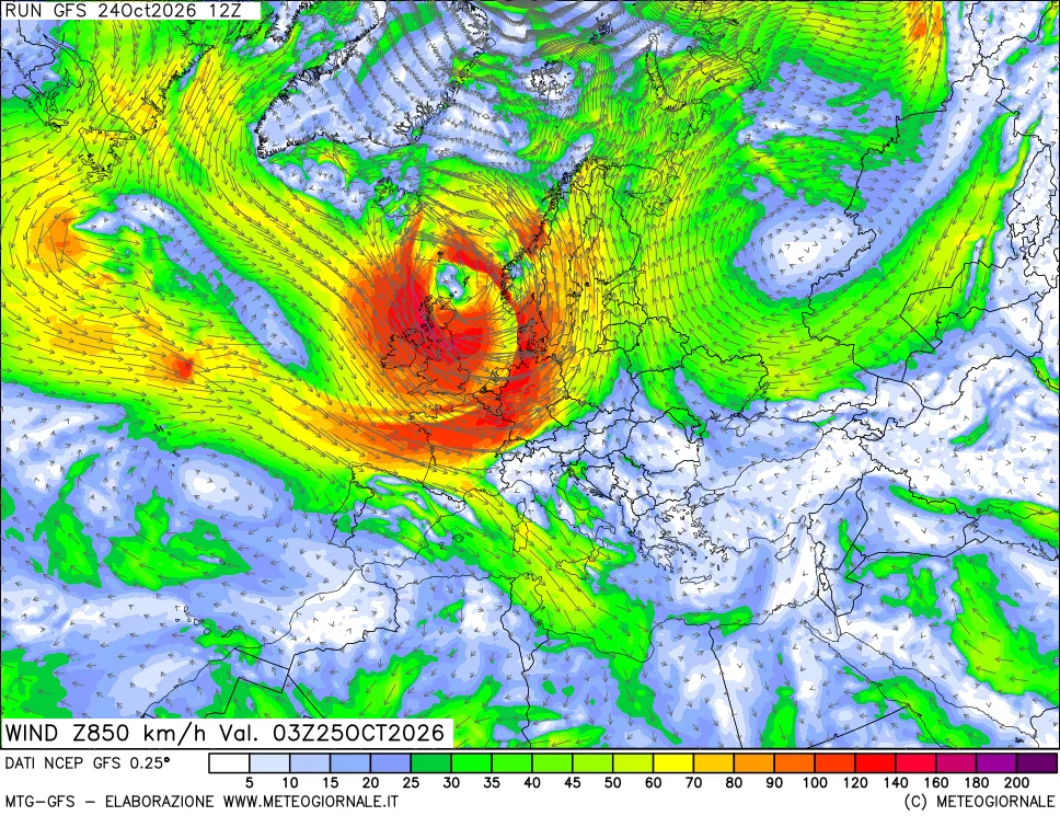 mappa 850 hPa Vento forza e direzione