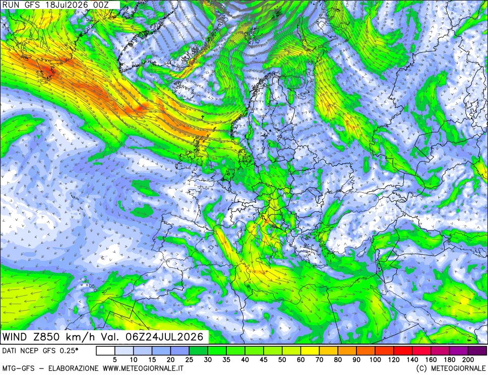 mappa 850 hPa Vento forza e direzione