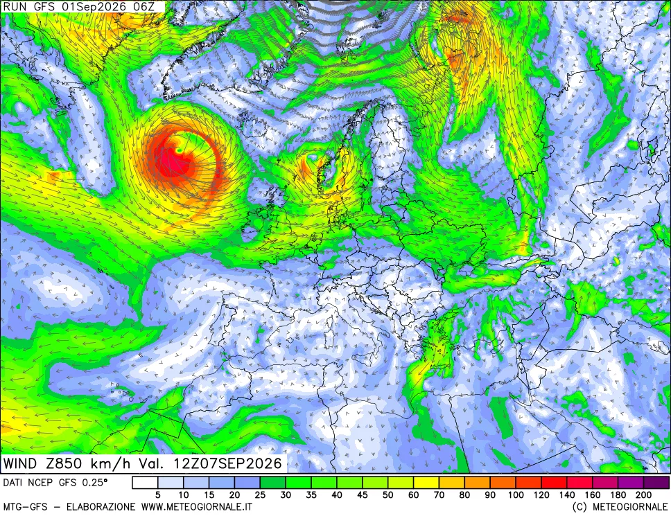 mappa 850 hPa Vento forza e direzione