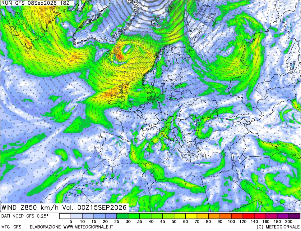 mappa 850 hPa Vento forza e direzione