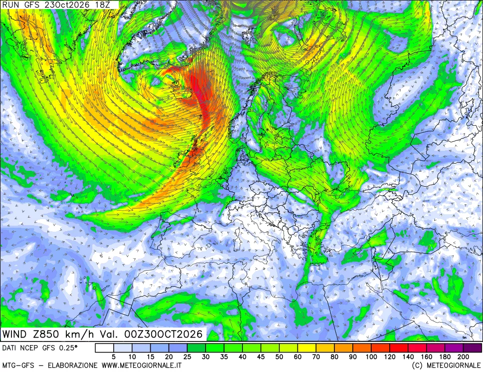 mappa 850 hPa Vento forza e direzione