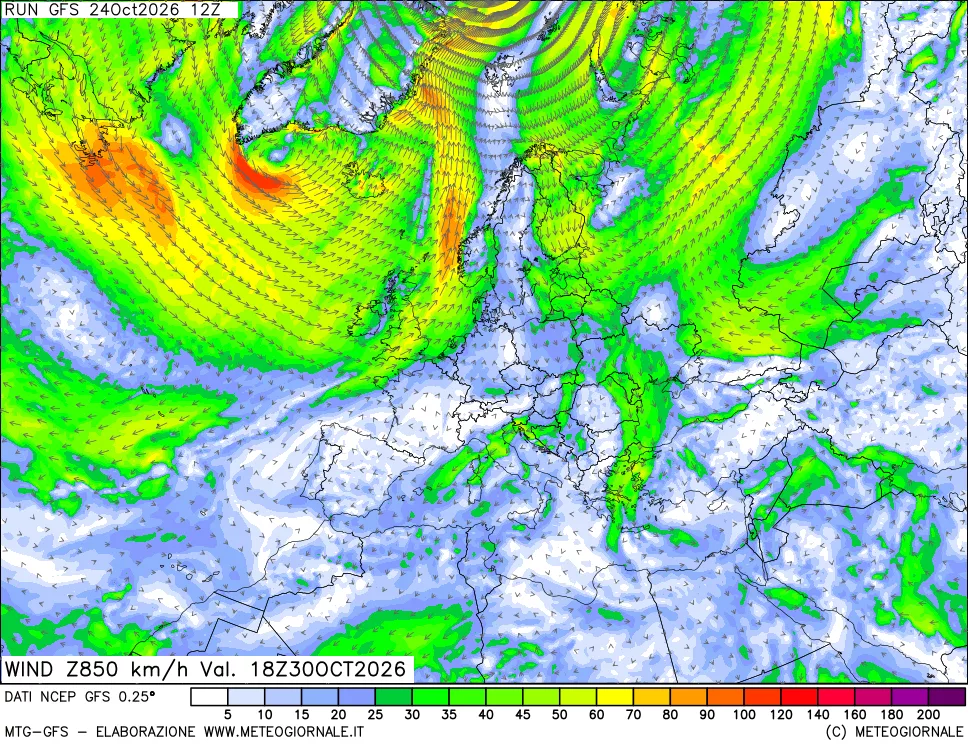 mappa 850 hPa Vento forza e direzione