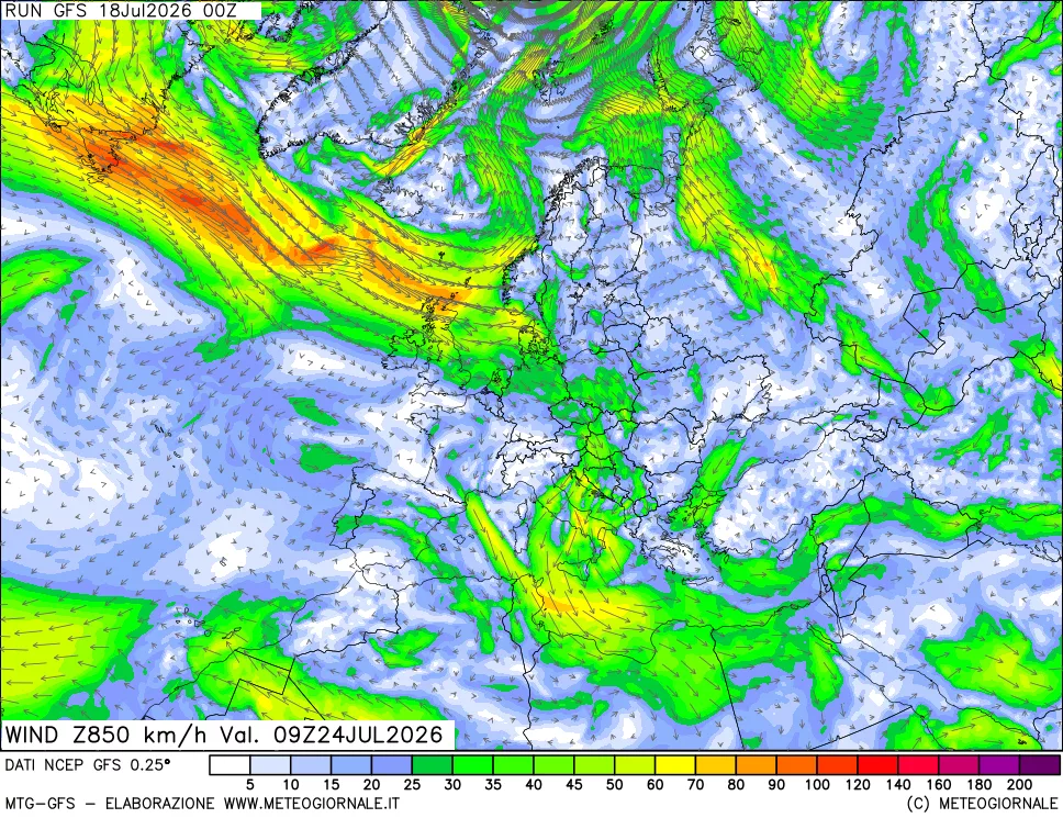 mappa 850 hPa Vento forza e direzione