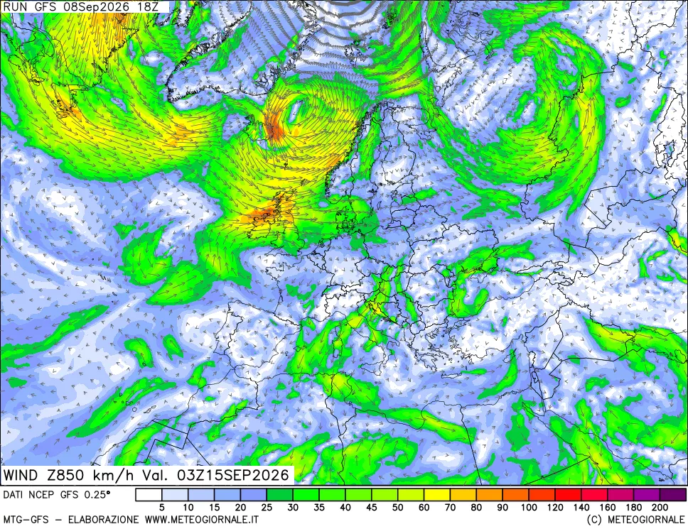 mappa 850 hPa Vento forza e direzione