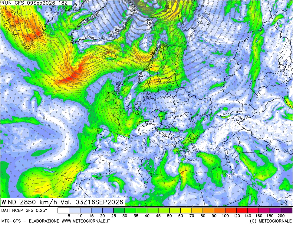 mappa 850 hPa Vento forza e direzione