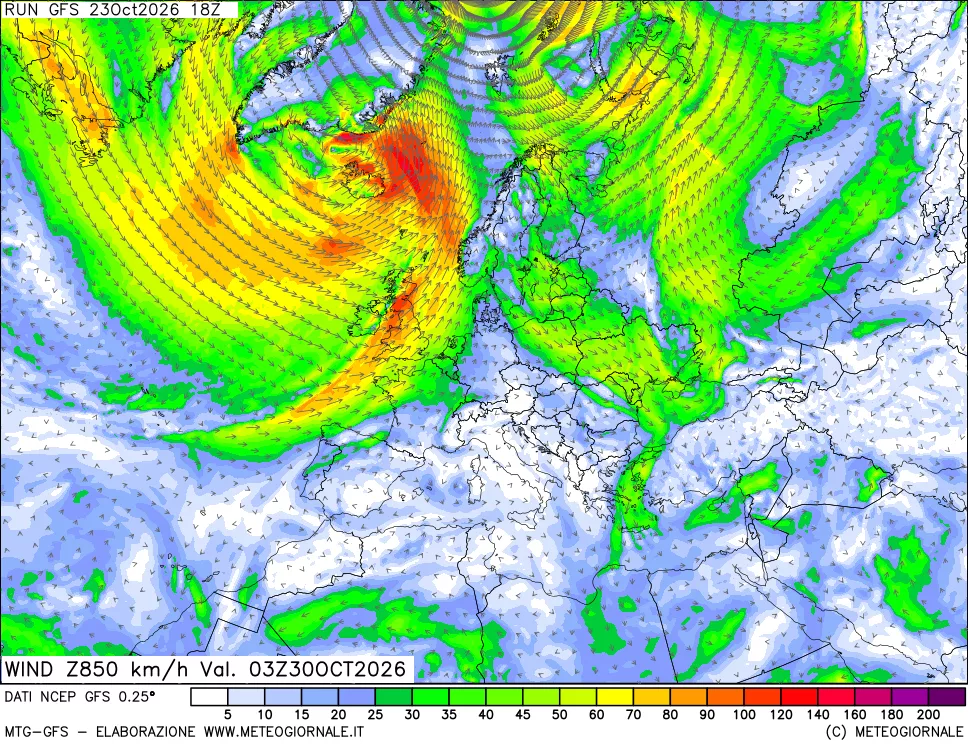 mappa 850 hPa Vento forza e direzione