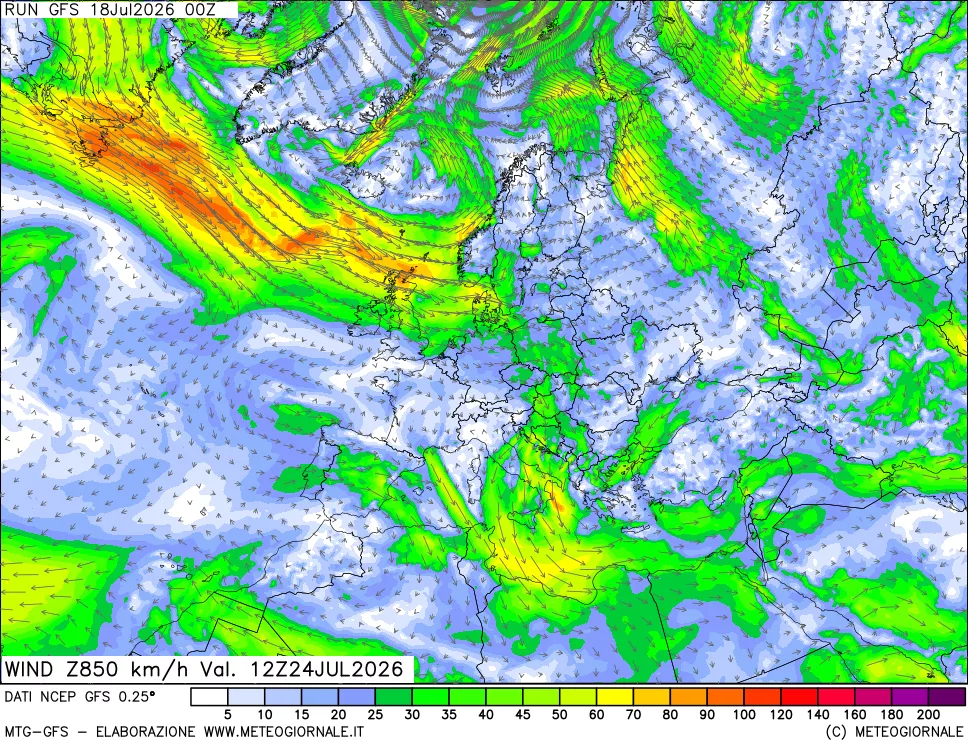 mappa 850 hPa Vento forza e direzione