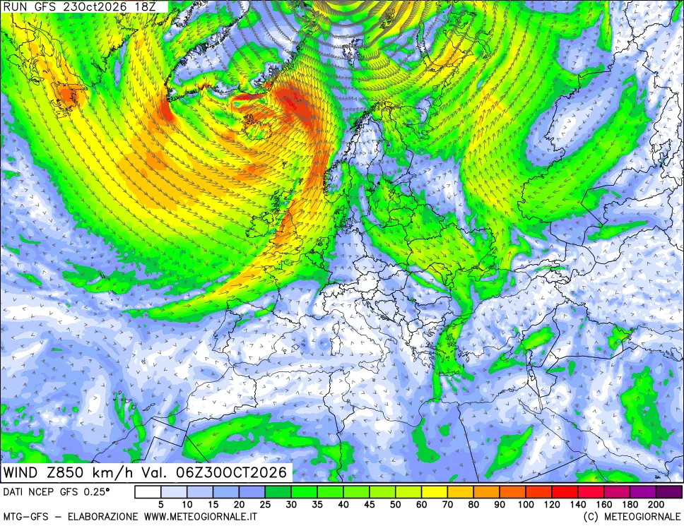 mappa 850 hPa Vento forza e direzione